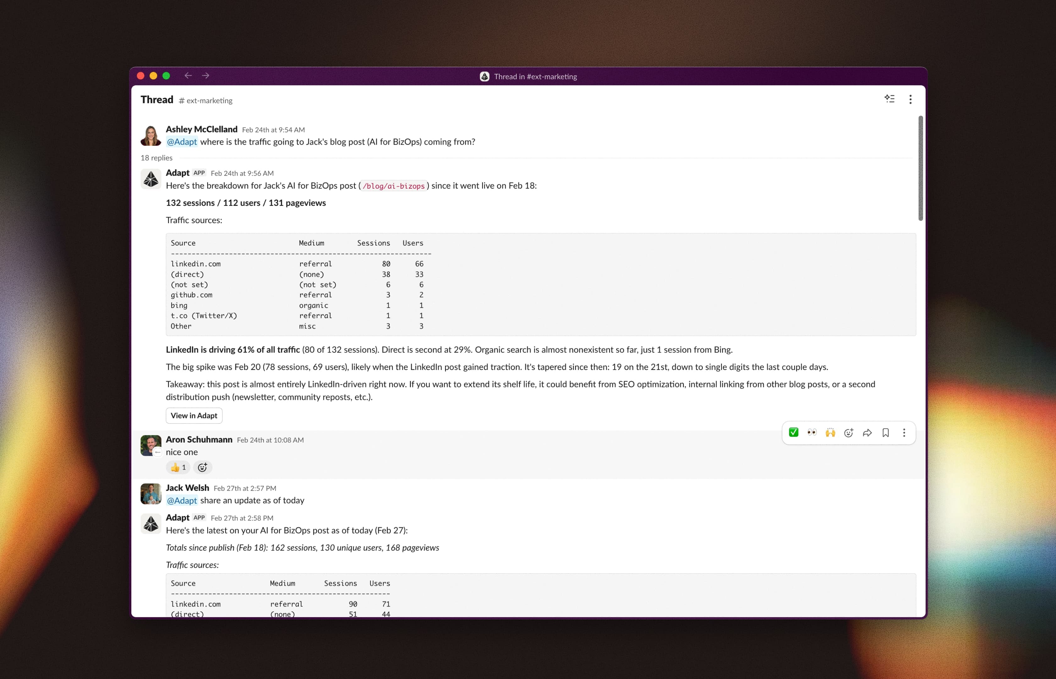 Adapt AI responding to questions in a Slack thread, showing traffic analytics and insights