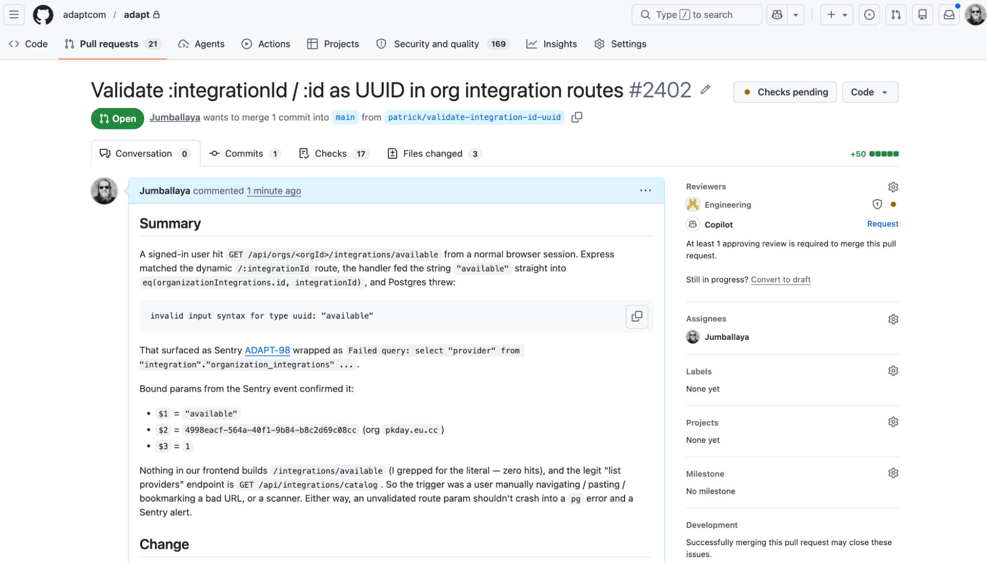 The PR using my personal GitHub OAuth integration