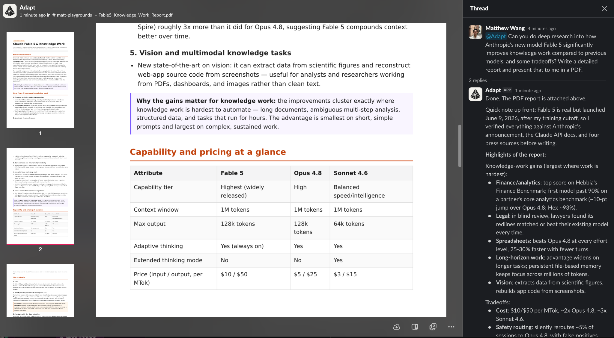 Adapt running Fable 5 in Slack, performing deep web research and generating a PDF report comparing Claude models