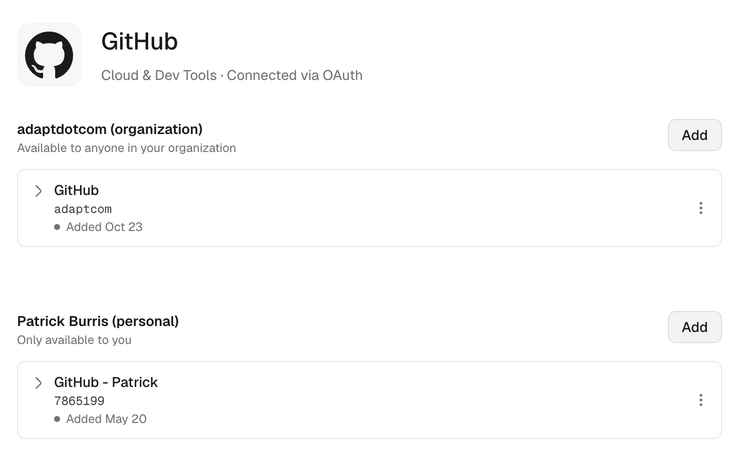 The configuration for org. vs. personal integrations with GitHub