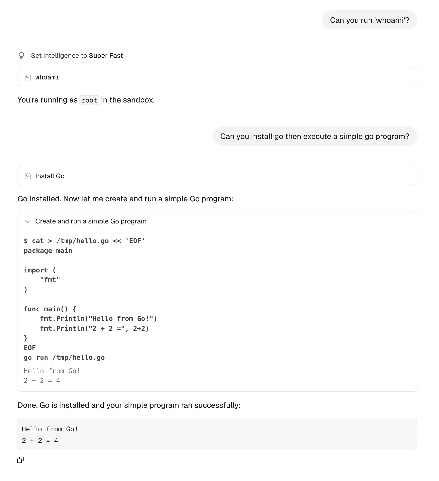 Terminal output: the model checks whoami and installs Go inside its sandbox.