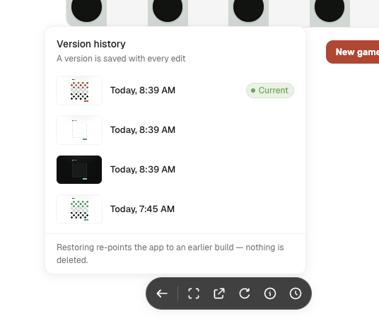 Version history popover in the app toolbar showing four saved versions with thumbnail previews and timestamps, the newest tagged Current