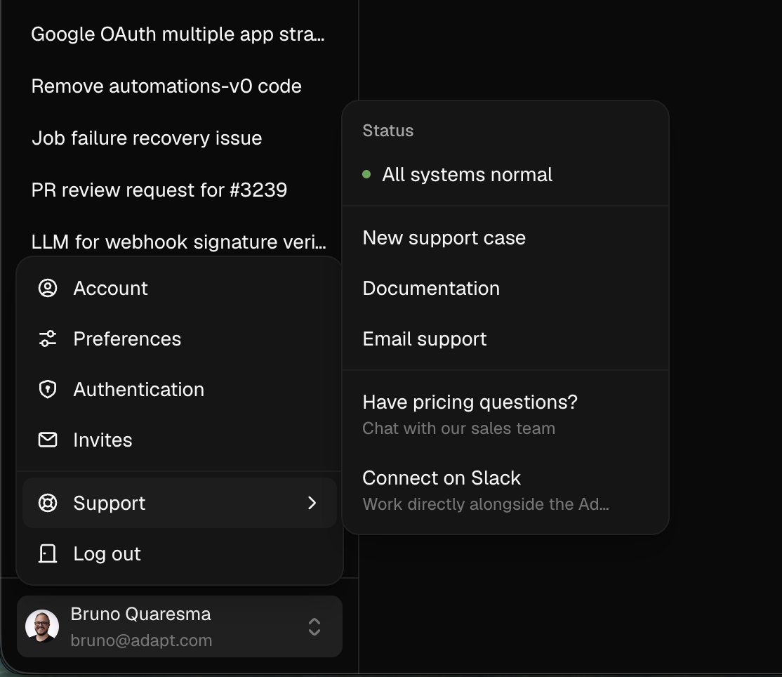 User menu open in the Adapt sidebar, showing Account, Preferences, Authentication, and Invites, plus an expanded Support submenu with system status, New support case, Documentation, Email support, pricing questions, and Connect on Slack