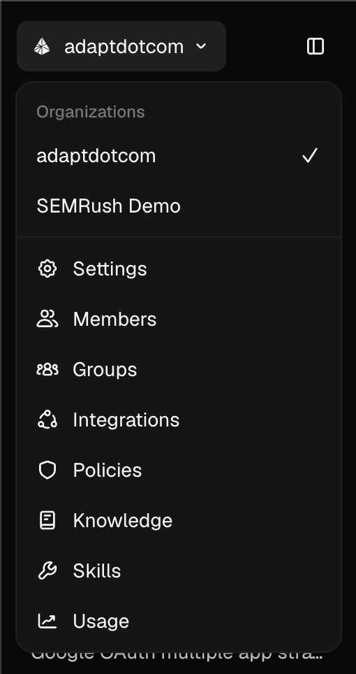 Workspace menu open in the Adapt sidebar, showing an Organizations list with a checkmark on the current org, and links to Settings, Members, Groups, Integrations, Policies, Knowledge, Skills, and Usage