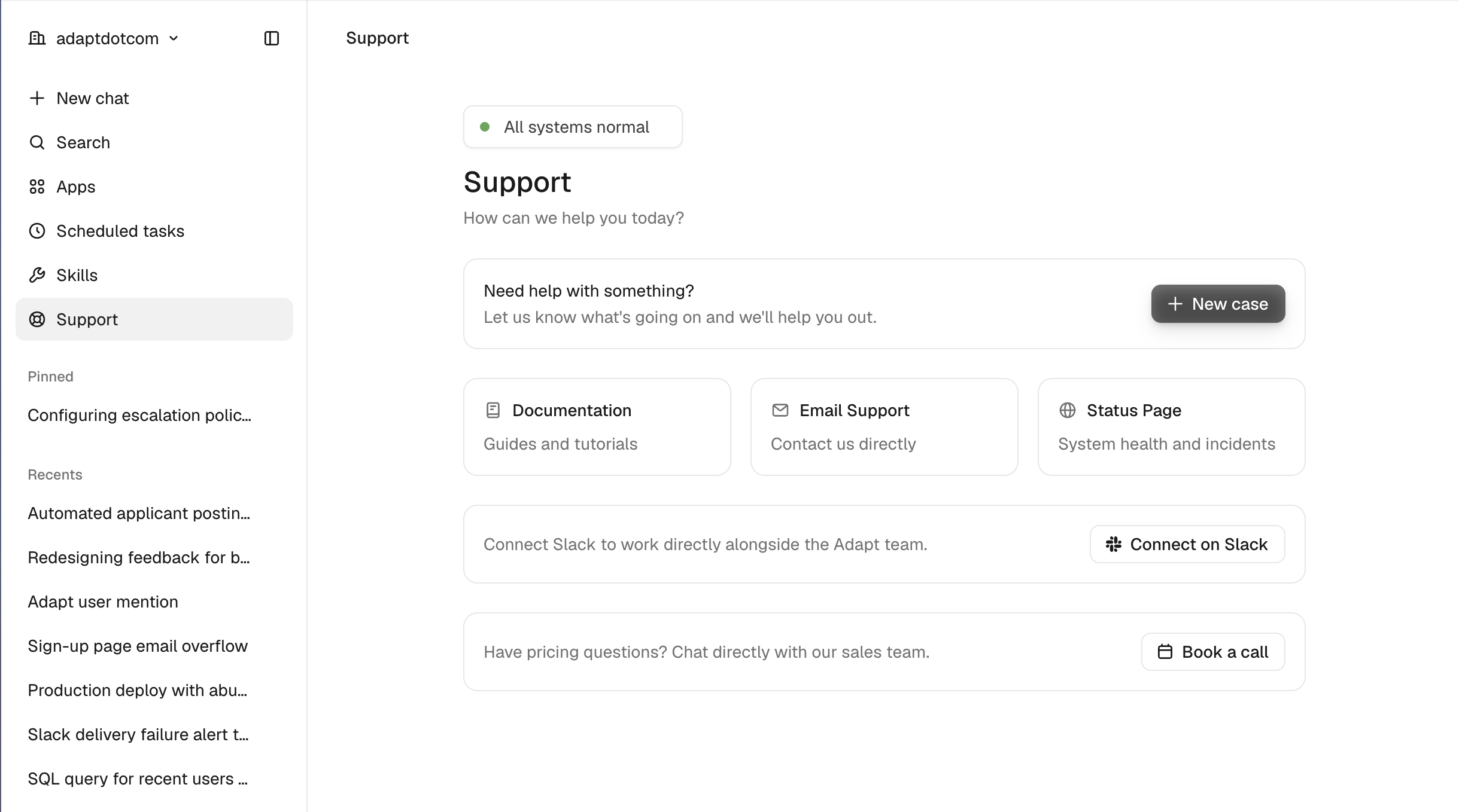 Adapt support page showing a system status pill, a New case button, and cards for Documentation, Email Support, Status Page, Slack Connect, and booking a sales call